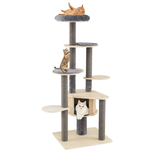 Livsk costway 172 cm hoge krabpaal kattenboom met meerdere verdiepingen en comfortabel bekleed zitplatform bovenaan grijs