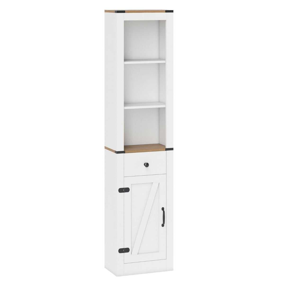 Livsk costway 173 cm badkamermeubel smalle hoge kast met schuurdeur lade en verstelbare plank wit