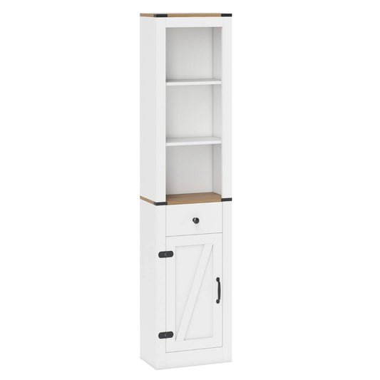Livsk costway 173 cm badkamermeubel smalle hoge kast met schuurdeur lade en verstelbare plank wit