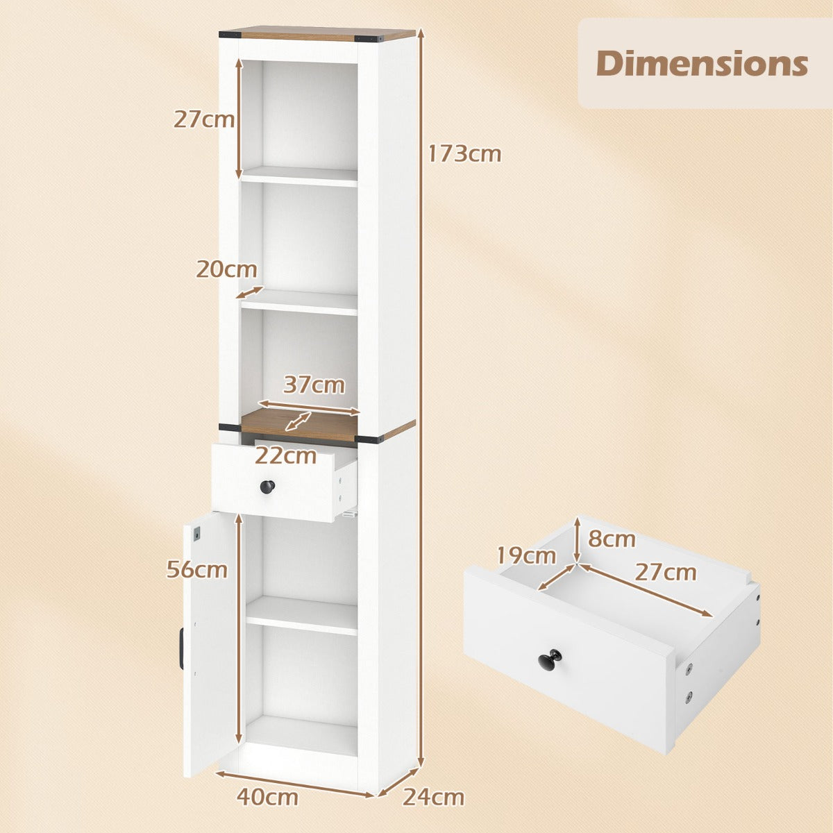 Livsk costway 173 cm badkamermeubel smalle hoge kast met schuurdeur lade en verstelbare plank wit 2