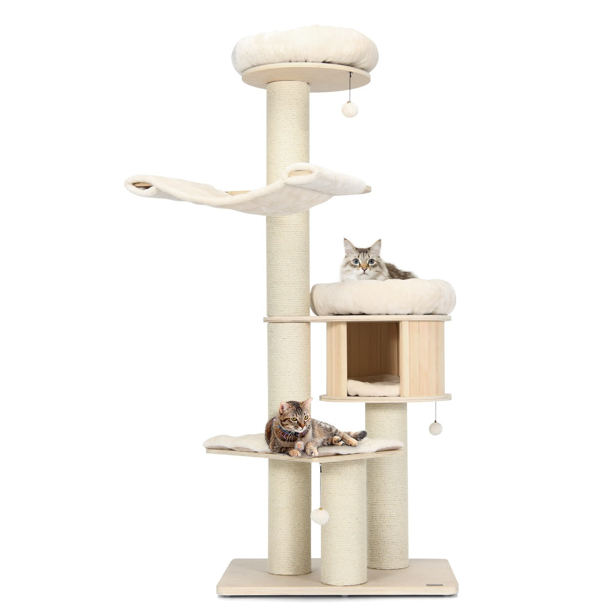 LIVSK Kattentoren met 4 Niveaus - Pluche Kussens en Hangmat - Stevige Sisal Krabpalen - Voor Katten tot 15 kg - Natuurlijk