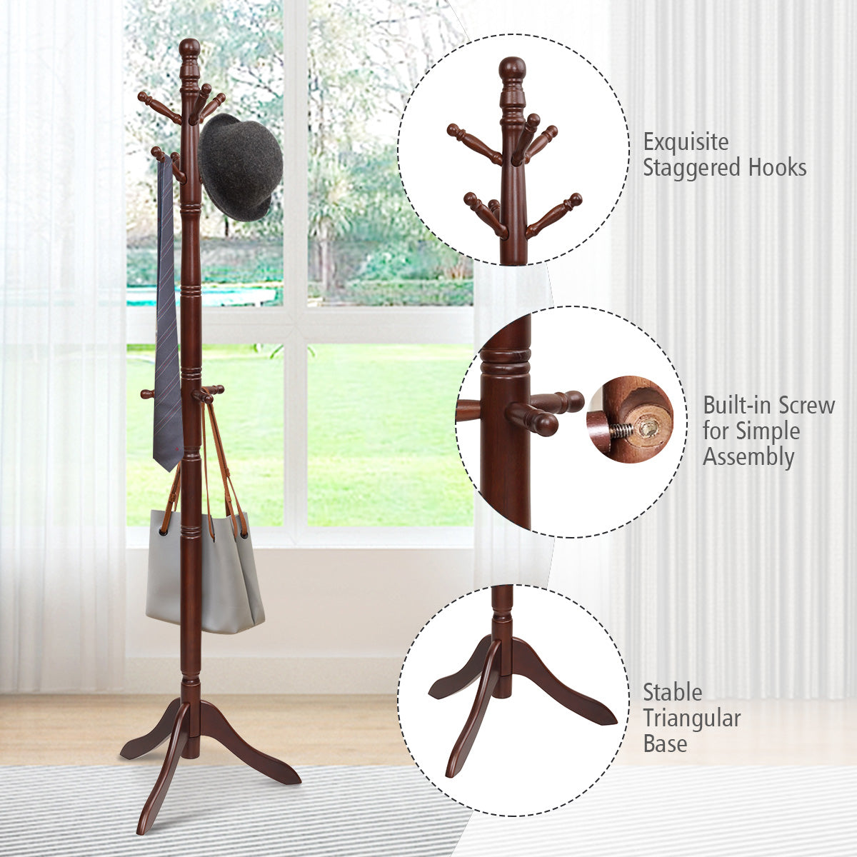 LIVSK Vrijstaande Kapstok - Verstelbaar - 9 Haken - Rubberhout - Driepotig - Tot 28,5 kg - 50 x 50 x 138-175 cm - Bruin