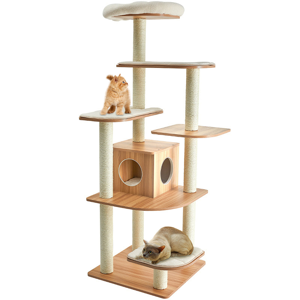 LIVSK Kattenboom - 6 Platforms - Krabpalen met Sisaltouw - Ruime Kattenkamer met Pluche Kussens - 175 x 86,5 x 86,5 cm - Zoals