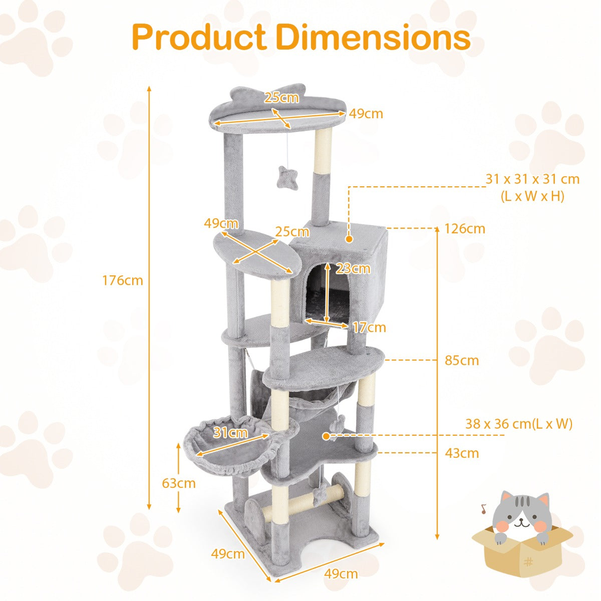 LIVSK Kattentoren - Met Krabpalen en Hangmat - Meerdere Niveaus - Compact Design - Totale Hoogte 176 cm - Grijs