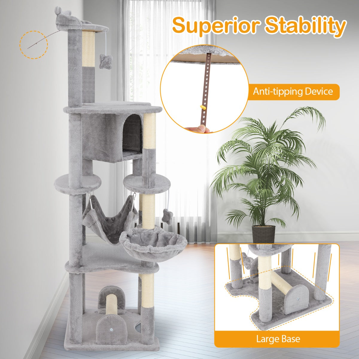 LIVSK Kattentoren - Met Krabpalen en Hangmat - Meerdere Niveaus - Compact Design - Totale Hoogte 176 cm - Grijs