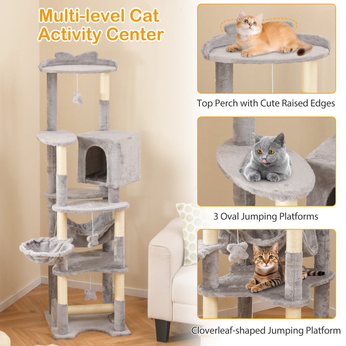 LIVSK Kattentoren - Met Krabpalen en Hangmat - Meerdere Niveaus - Compact Design - Totale Hoogte 176 cm - Grijs