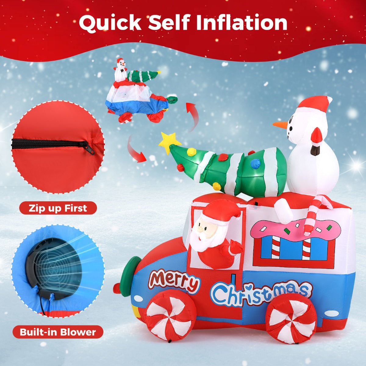 LIVSK Opblaasbare Kerstmannenauto - Met Ingebouwde Ventilator - 5 LED-lampjes - Duurzaam Polyester - 184 x 95 x 177 cm - Zoals