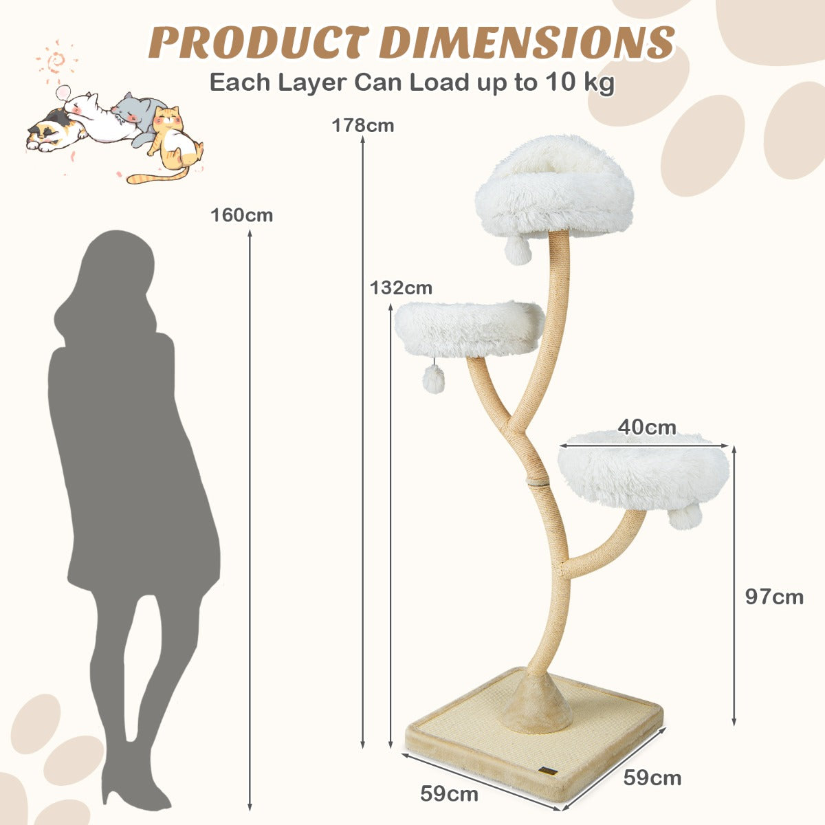 LIVSK Krabpaal met Klimboom - 178 cm Hoog - Stevig Metalen Frame - 3 Ligvlakken - Inclusief Hangende Ballen - Beige