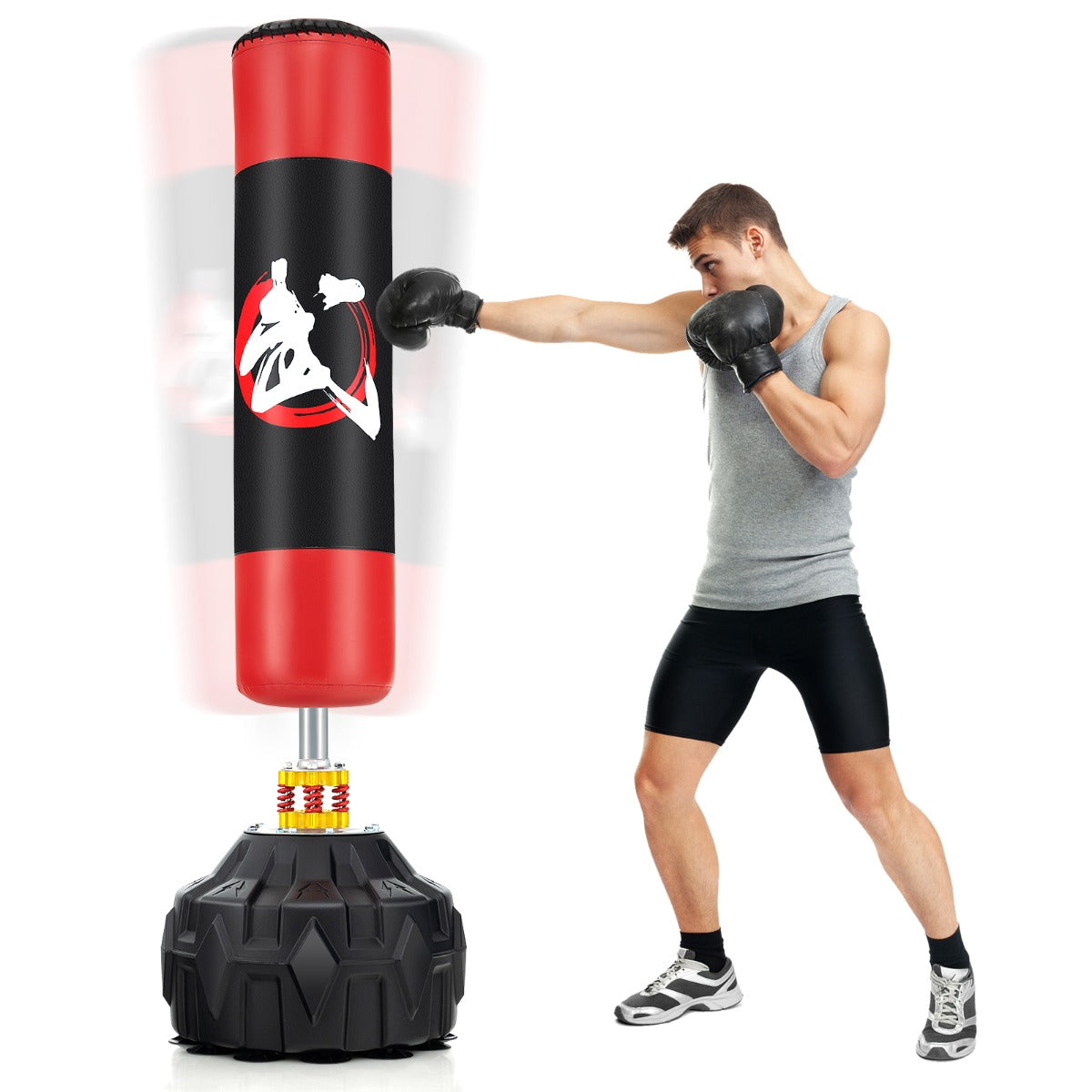 LIVSK Zelfdragende Kickbokszak - Schokabsorberend - Zuignappen - Comfortabel Stootoppervlak - Totale hoogte 178 cm - Zwart + Rood
