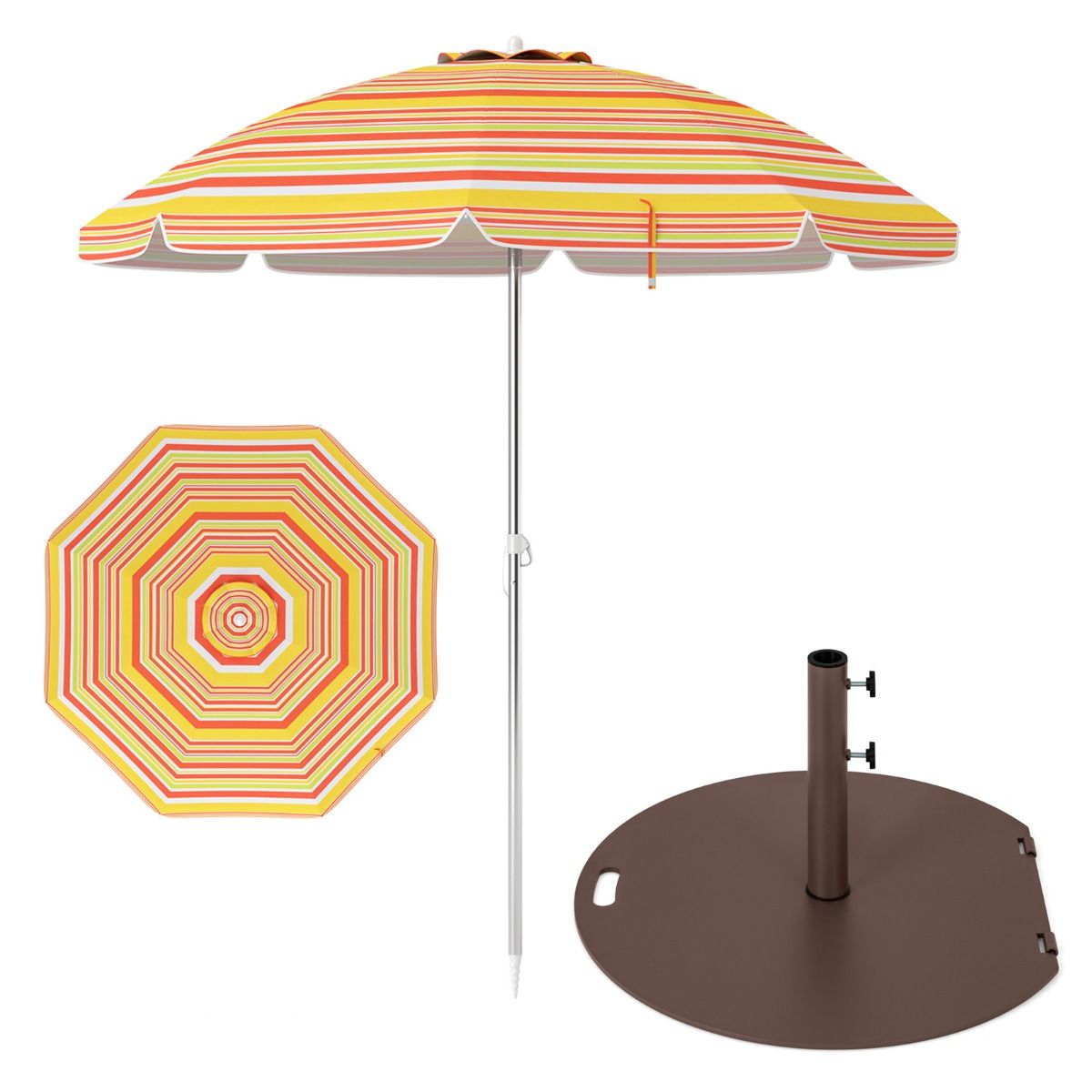 Livsk costway 178 x 206 cm strandparasol met verstelbare hellingshoek metalen parasolvoet met wieltjes inclusief draagtas