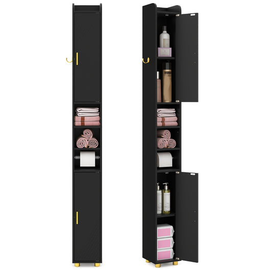 LIVSK Hoge Badkamerkast - Verstelbare Planken - 2 Deuren - Ruimtebesparend - 20 x 20 x 179 cm - Zwart