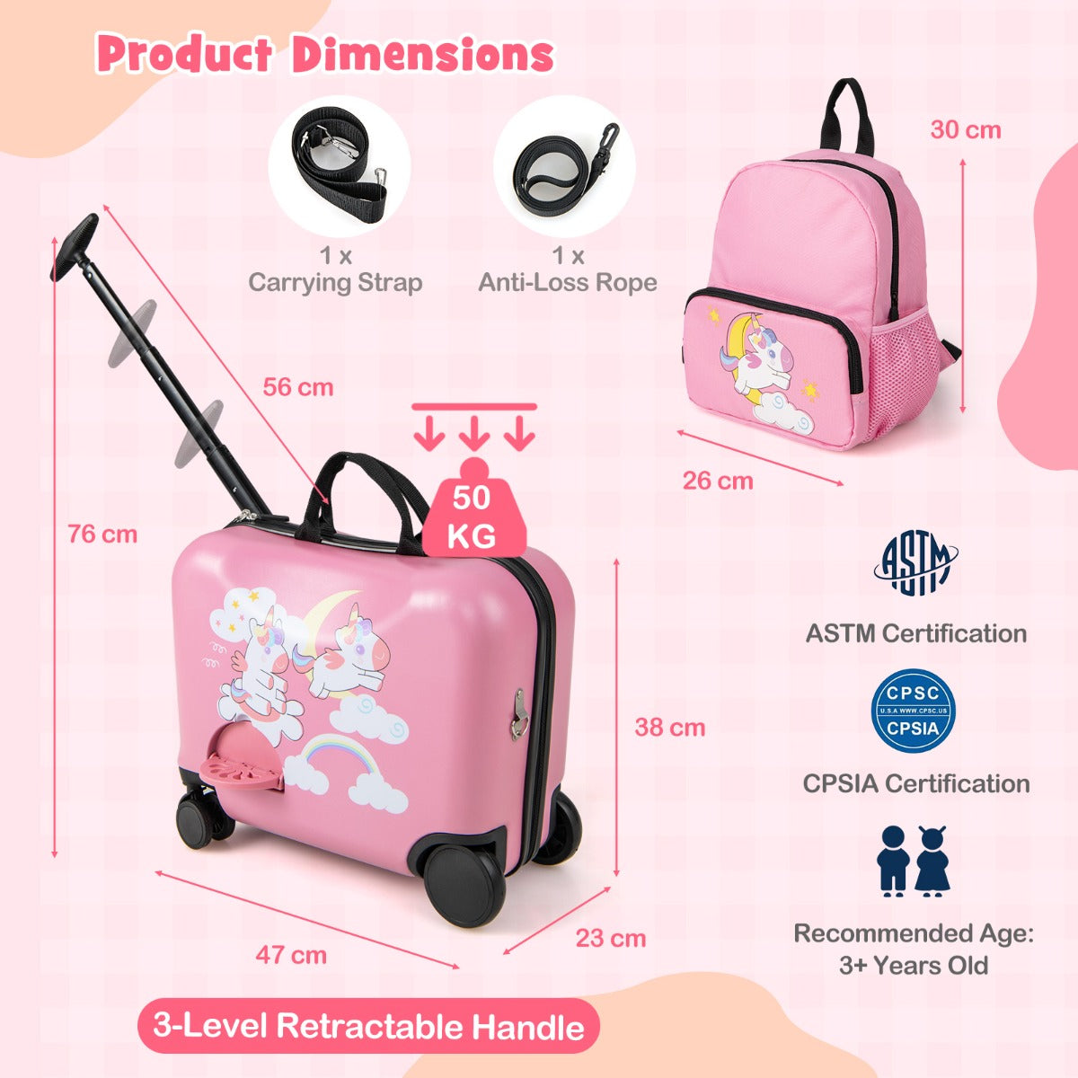 LIVSK Kinderbagageset - Harde Koffer 18 inch en Rugzak 12 inch - Zwenkwielen - Intrekbare Handgreep - Voor Kinderen - Roze