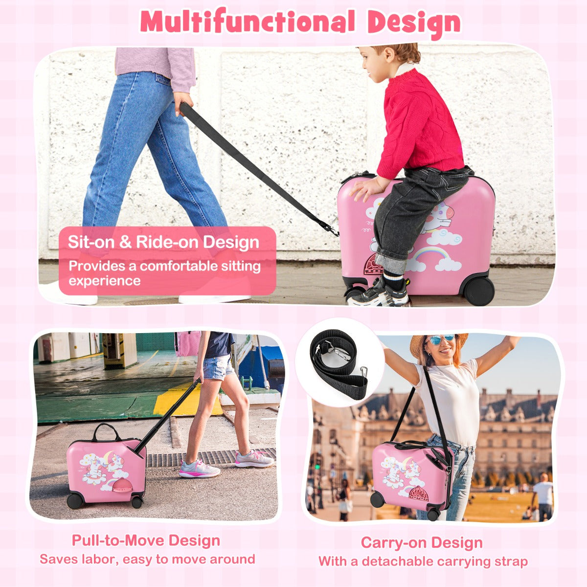 LIVSK Kinderbagageset - Harde Koffer 18 inch en Rugzak 12 inch - Zwenkwielen - Intrekbare Handgreep - Voor Kinderen - Roze