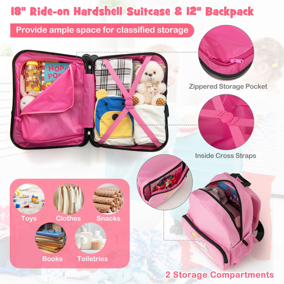 LIVSK Kinderbagageset - Harde Koffer 18 inch en Rugzak 12 inch - Zwenkwielen - Intrekbare Handgreep - Voor Kinderen - Roze
