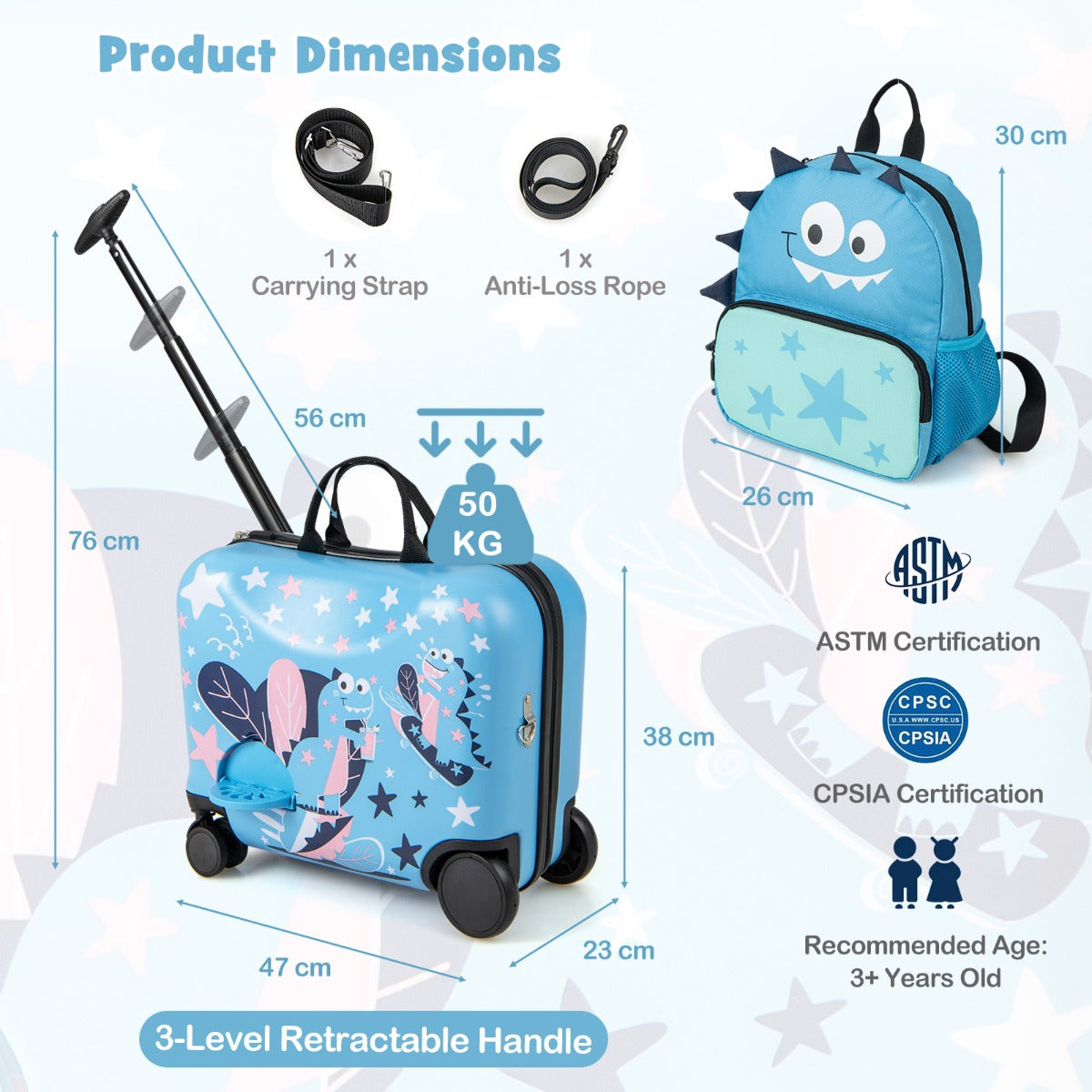 LIVSK Kinderbagageset - Harde Koffer 18 inch & Rugzak 12 inch - 4-in-1 Ontwerp met Zwenkwielen - Voor Kinderen vanaf 3 jaar -