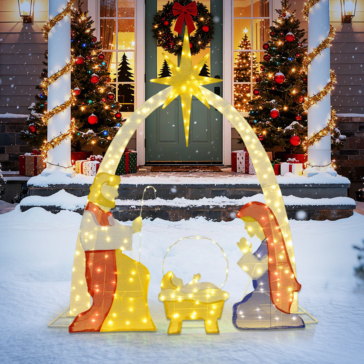 Livsk costway 18 m verlichte kerststal voorgemonteerde heilige familie kerststal met 240 warmwitte led lampjes kerstversiering 6