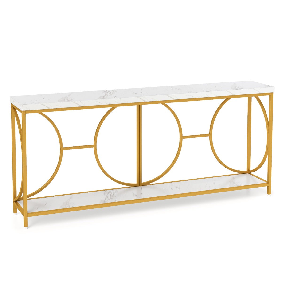 LIVSK Entreetafel - Faux-marmeren Blad - Gouden Metalen Frame - Ruime Opbergruimte - 180 x 30 x 80 cm - Wit + Goud