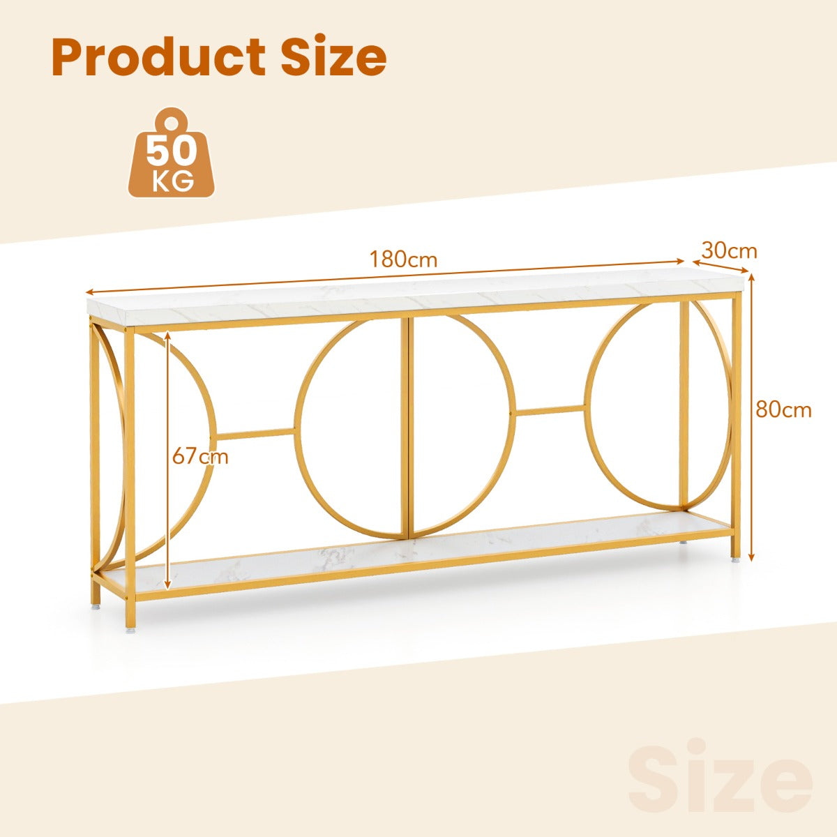 LIVSK Entreetafel - Faux-marmeren Blad - Gouden Metalen Frame - Ruime Opbergruimte - 180 x 30 x 80 cm - Wit + Goud