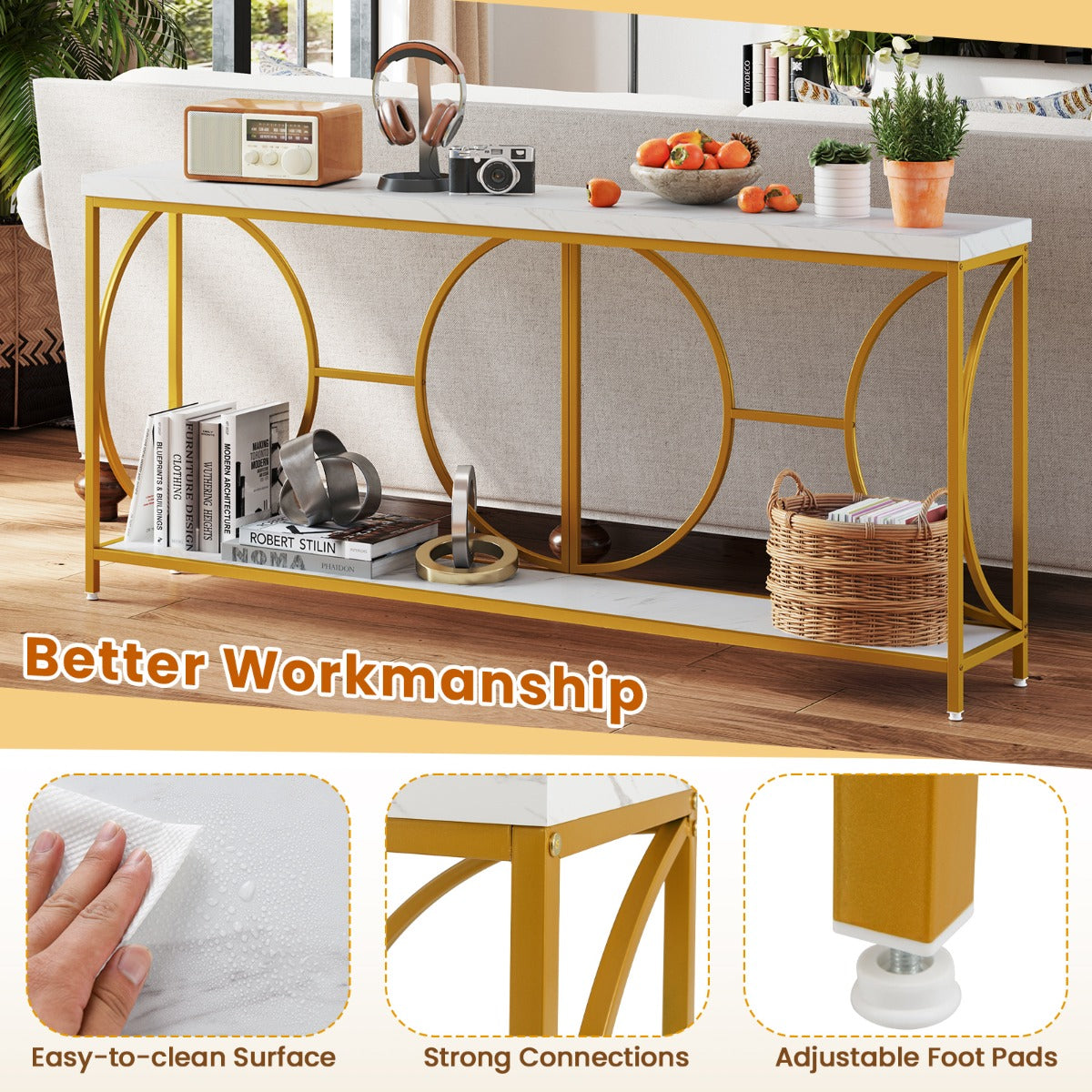 LIVSK Entreetafel - Faux-marmeren Blad - Gouden Metalen Frame - Ruime Opbergruimte - 180 x 30 x 80 cm - Wit + Goud