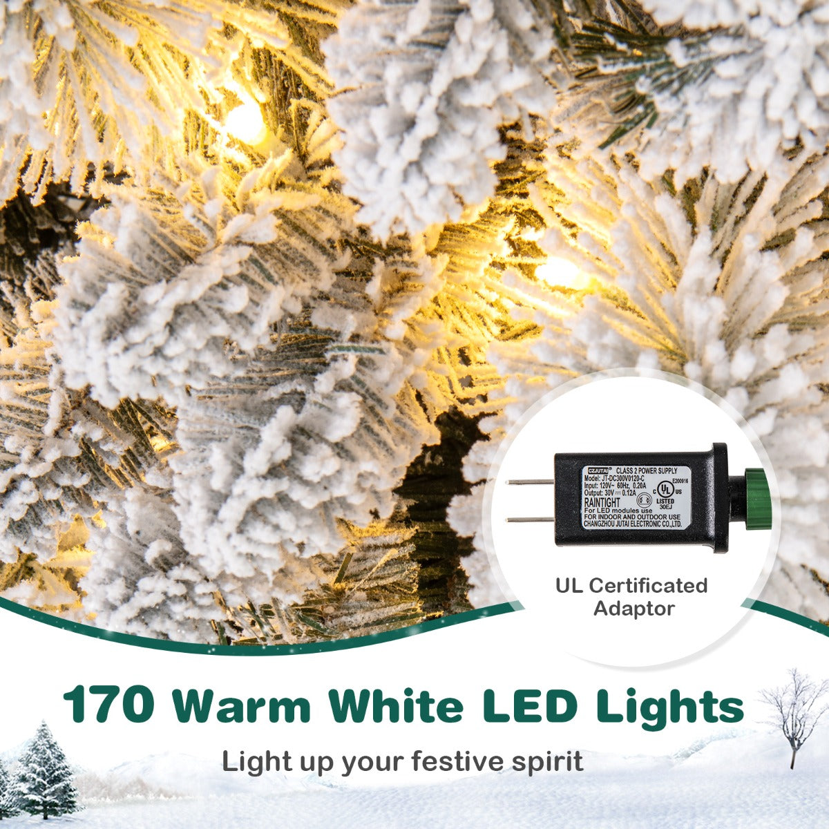 LIVSK Kunstkerstboom 180 cm - 170 LED-lampjes - Realistische Dennennaalden met Witte Flocking - Opvouwbaar - Stevige Basis - Groen
