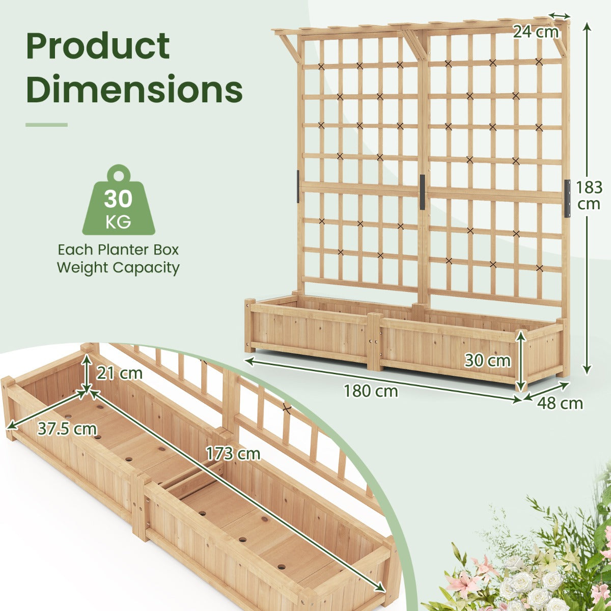 Livsk costway 180 cm grote houten plantenbak met latwerk hangend blad twee plantenbakken vier afwateringsgaten en verwijderbaar bodempaneel
