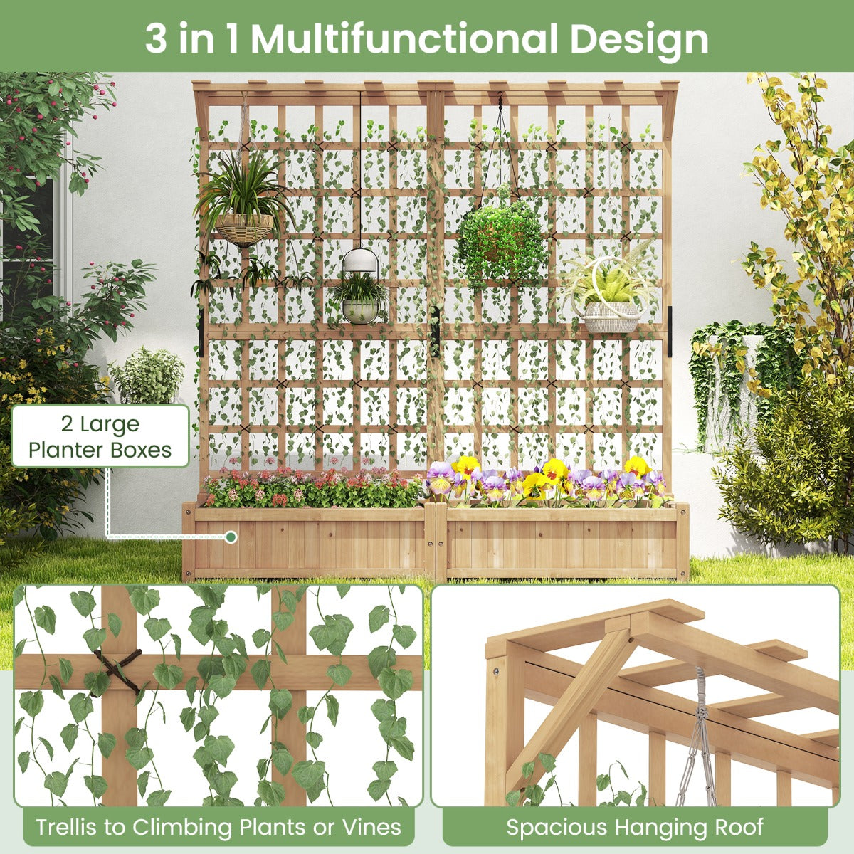 Livsk costway 180 cm grote houten plantenbak met latwerk hangend blad twee plantenbakken vier afwateringsgaten en verwijderbaar bodempaneel
