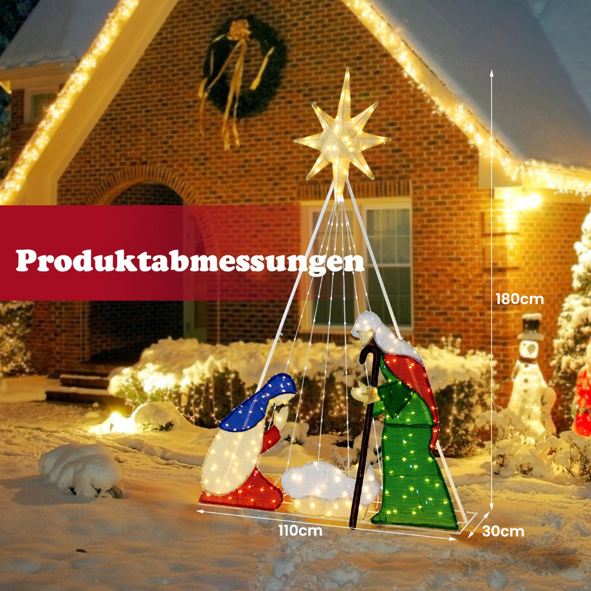 LIVSK Kerststal met LED-verlichting - 240 Lampen - 6 Verlichtingsmodi - Weerbestendig - 110 x 30 x 180 cm - Meerkleurig