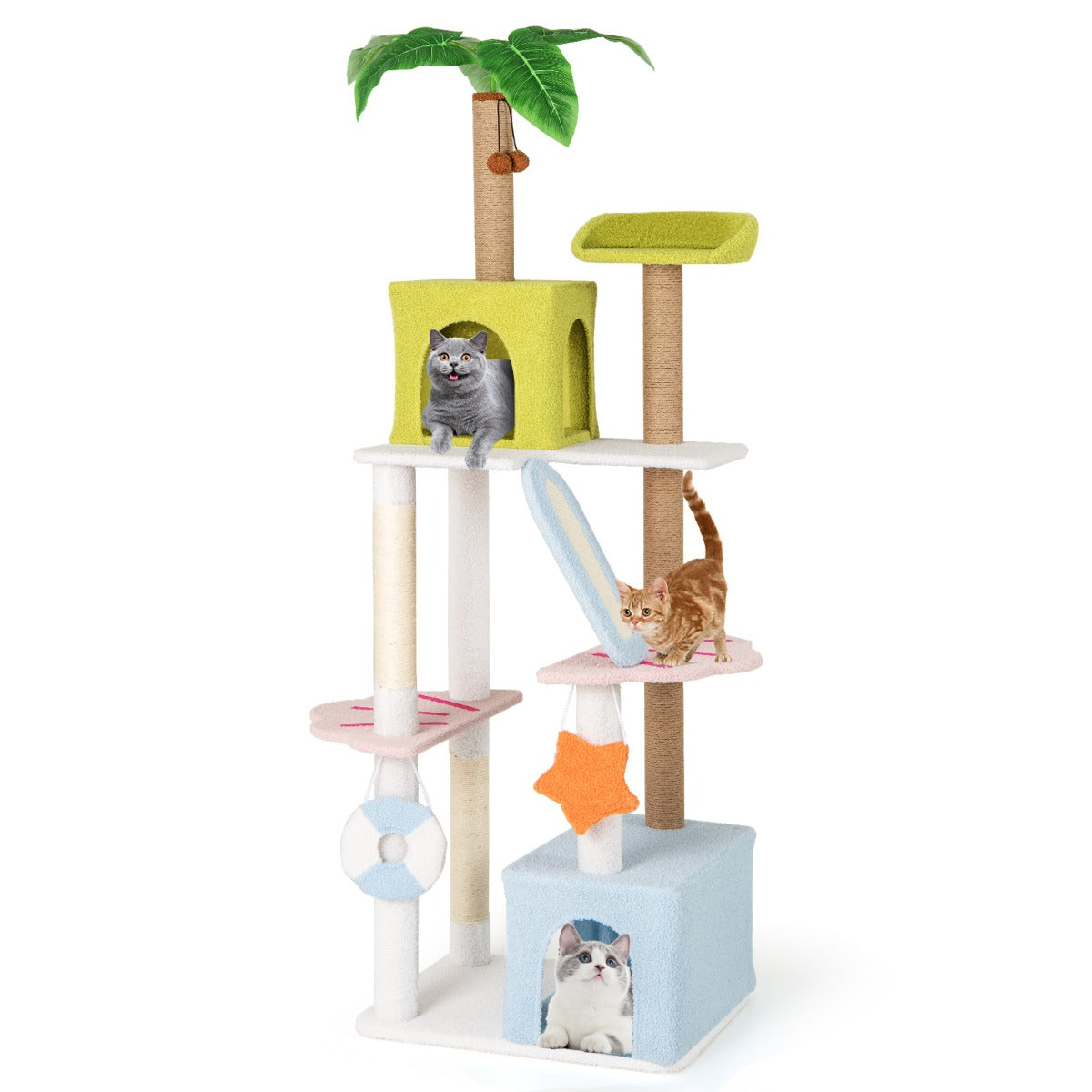 LIVSK 180 cm Kattenboom met Meerdere Verdiepingen - 2 Huisjes - Krabpalen - Interactief Speelgoed - Stranddesign - Blauw Groen Wit