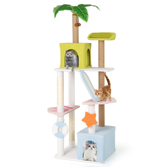 LIVSK 180 cm Kattenboom met Meerdere Verdiepingen - 2 Huisjes - Krabpalen - Interactief Speelgoed - Stranddesign - Blauw Groen Wit