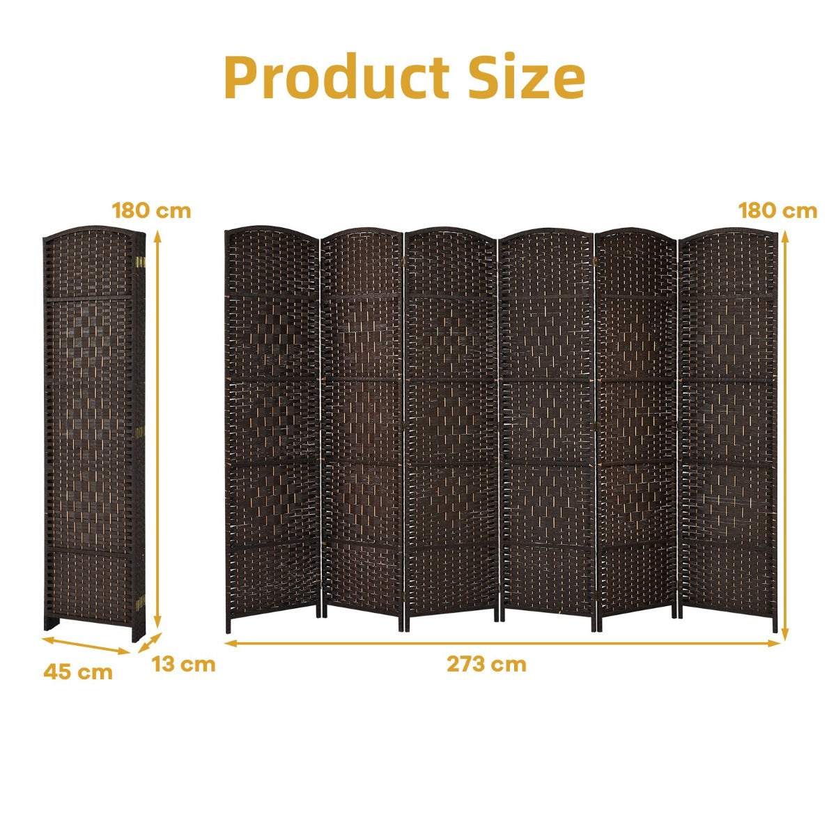 Livsk costway 180 cm handgeweven rotan scheidingswand opvouwbaar zichtscherm met natuurlijk houten frame bruin 1 1
