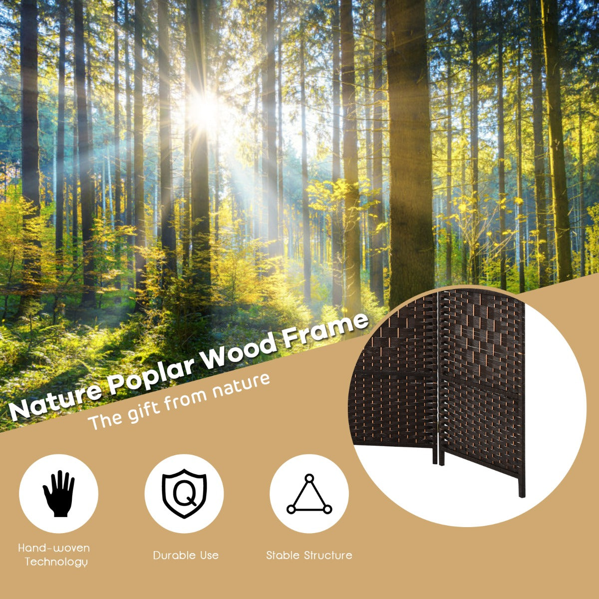 Livsk costway 180 cm handgeweven rotan scheidingswand opvouwbaar zichtscherm met natuurlijk houten frame bruin 3