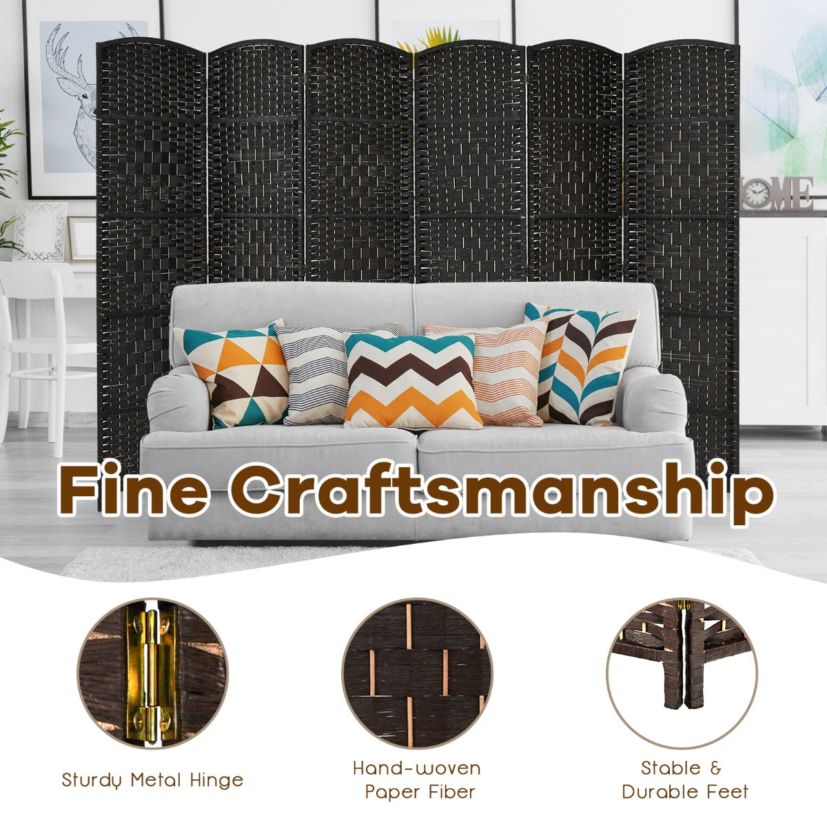 Livsk costway 180 cm handgeweven rotan scheidingswand opvouwbaar zichtscherm met natuurlijk houten frame zwart 2