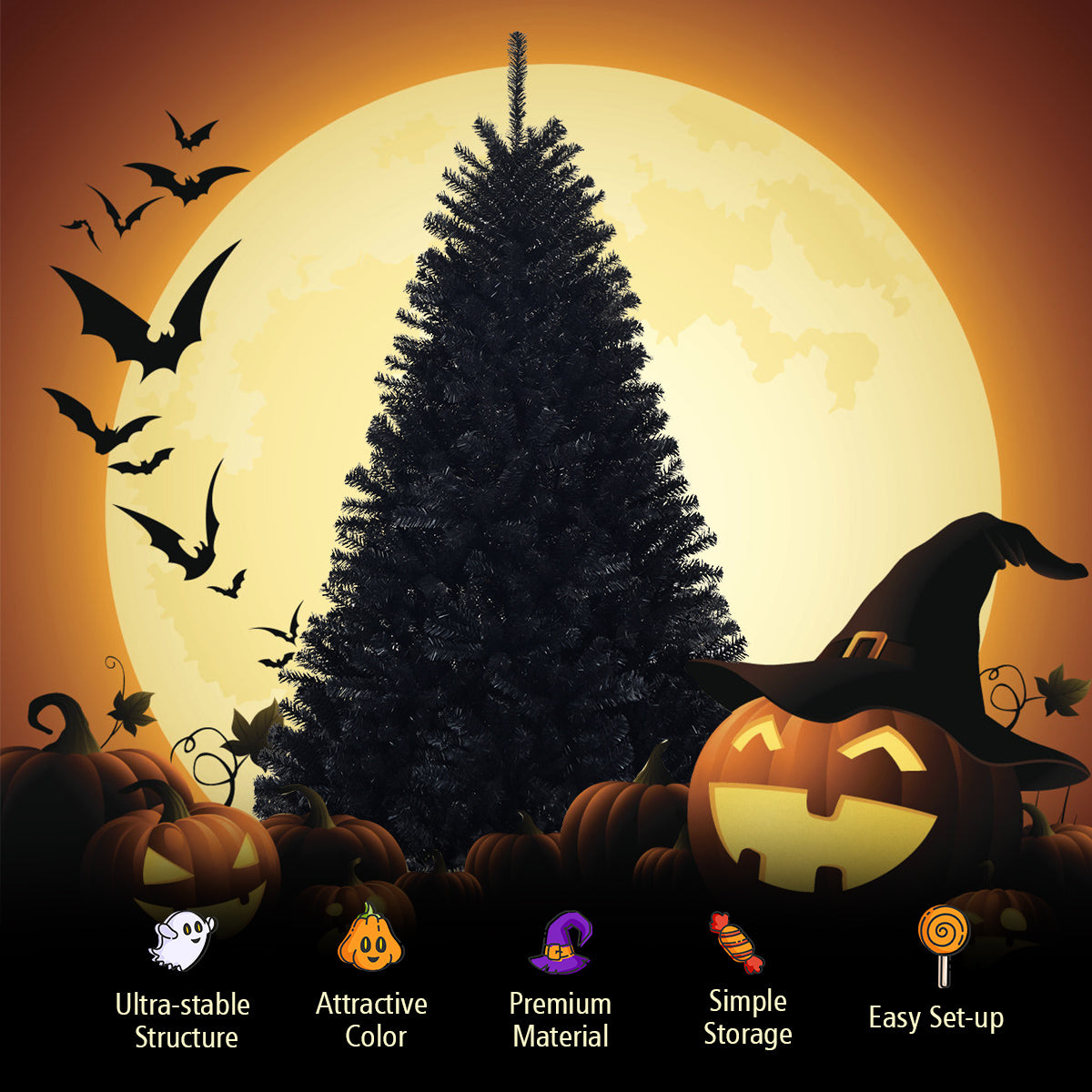 LIVSK Halloween Kunstmatige Kerstboom - 1036 Takken - Makkelijk Op Te Zettten - Stevige Metalen Standaard - Zwart