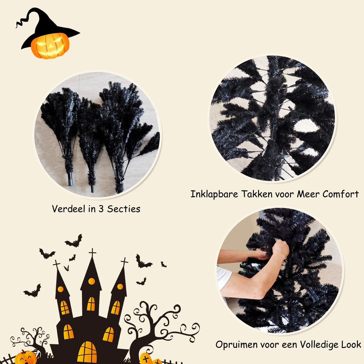LIVSK Halloween Kunstmatige Kerstboom - 1036 Takken - Makkelijk Op Te Zettten - Stevige Metalen Standaard - Zwart