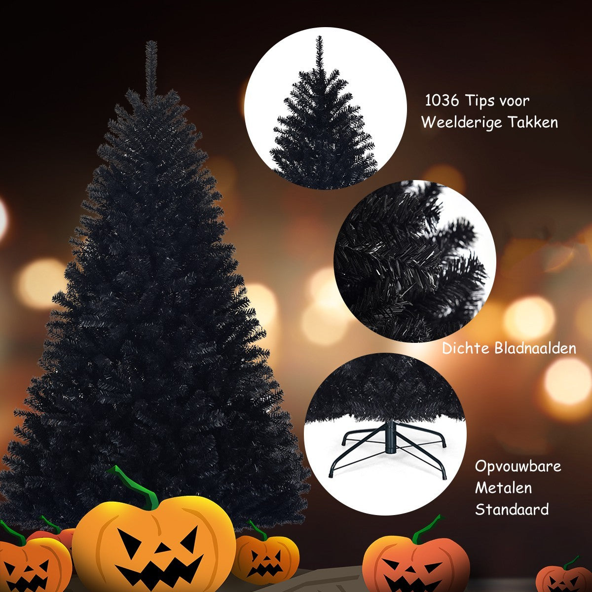 LIVSK Halloween Kunstmatige Kerstboom - 1036 Takken - Makkelijk Op Te Zettten - Stevige Metalen Standaard - Zwart