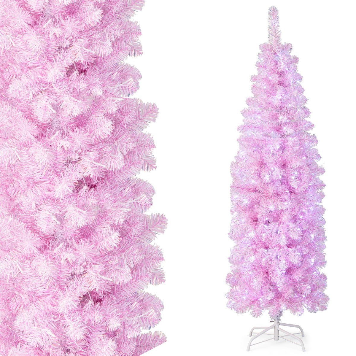 LIVSK Potloodvormige Kunstkerstboom 180 cm - 250 Koelwitte LED-lampjes - 475 Roze en Witte Bladeren - Stevige Voet - Groen