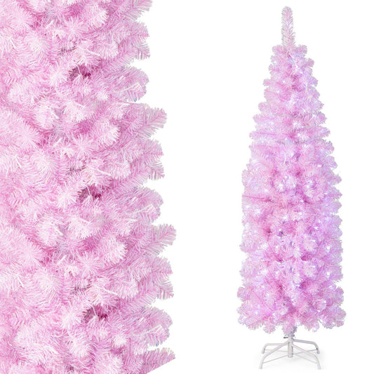 LIVSK Potloodvormige Kunstkerstboom 180 cm - 250 Koelwitte LED-lampjes - 475 Roze en Witte Bladeren - Stevige Voet - Groen