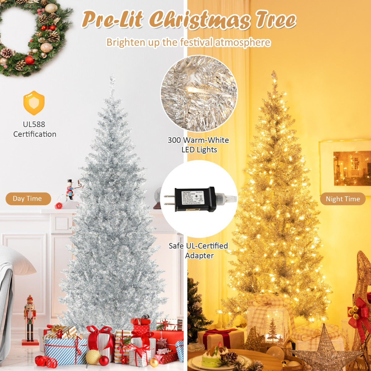 LIVSK Voorverlichte Kunstkerstboom 180 cm - 790 Takpunten - 300 LED Lampjes - Duurzaam en Eenvoudig te Installeren - Zilver