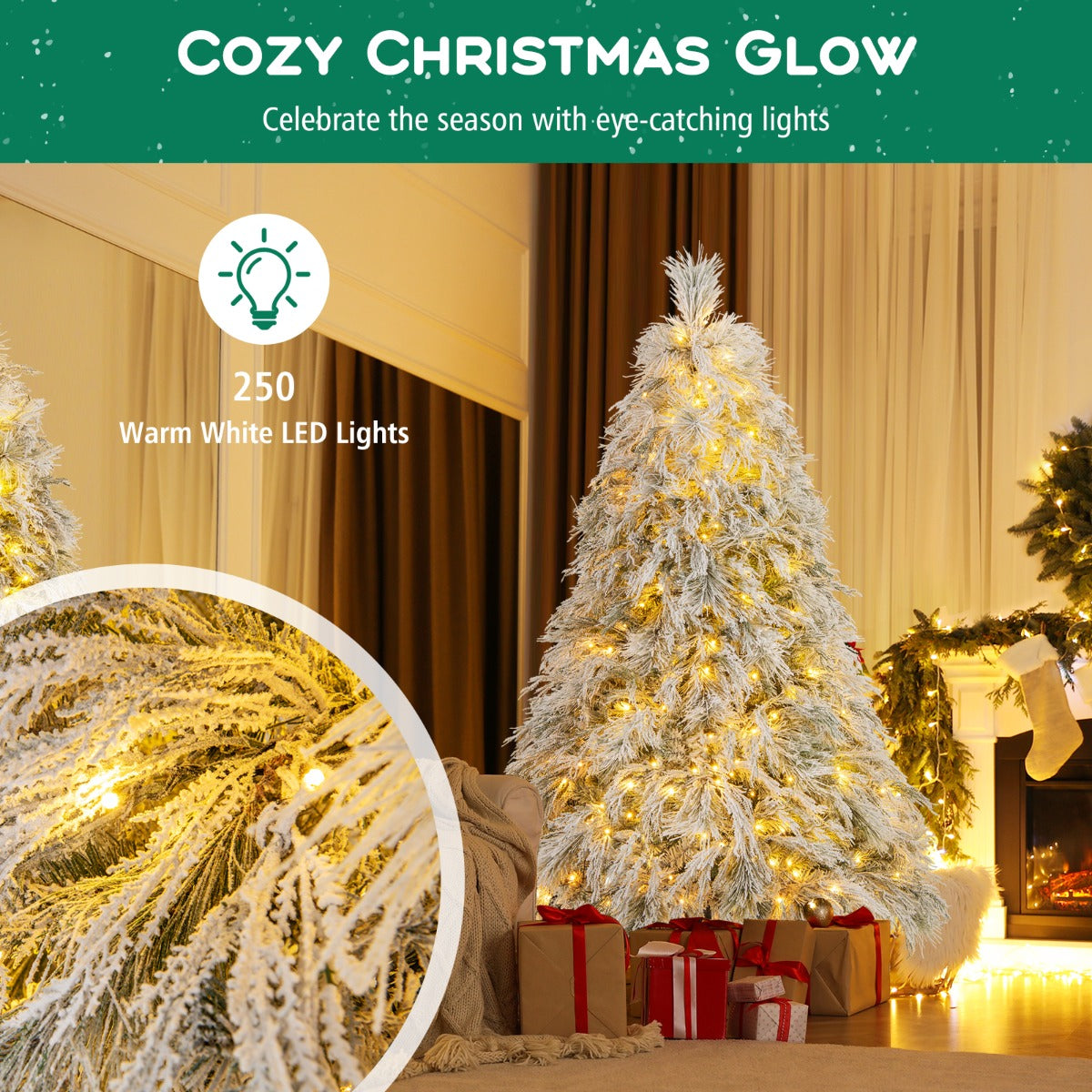 LIVSK Kunstmatige Kerstboom - 180 cm met 250 Warmwitte LED-lampjes - 519 Takken - PVC en PE - Geurloos en Vuurbestendig - Wit +