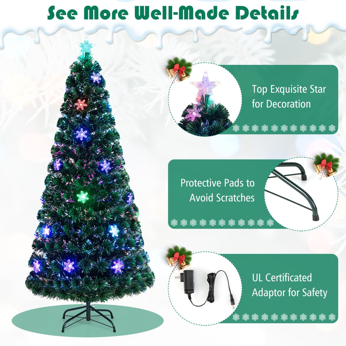 LIVSK Kunstkerstboom 180 cm - LED Verlichting met Sneeuwvlokken - Duurzaam PVC - Eenvoudige Installatie - Groen