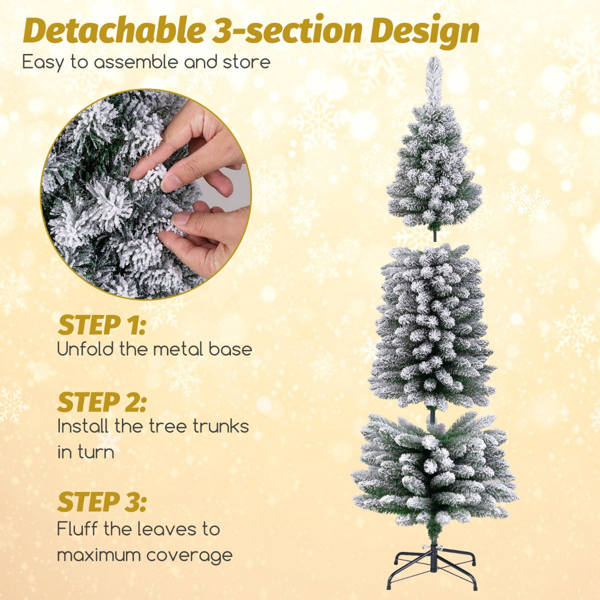 LIVSK Kunstkerstboom - Potloodvormig met Sneeuwvlokafwerking - 460 Takken - Vlamvertragend PVC - 180 cm - Groen + Wit