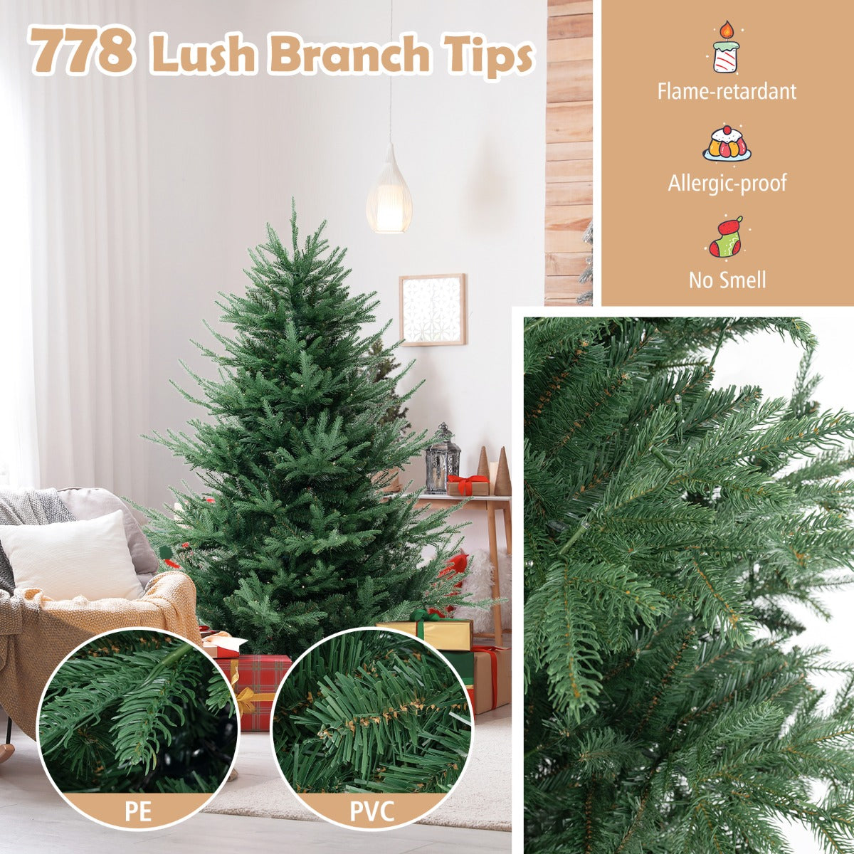 Livsk costway 180 cm kunstkerstboom scharnierende nepkerstboom 778 takken 240 warm witte leds voorverlichte decoratieboom groen 3