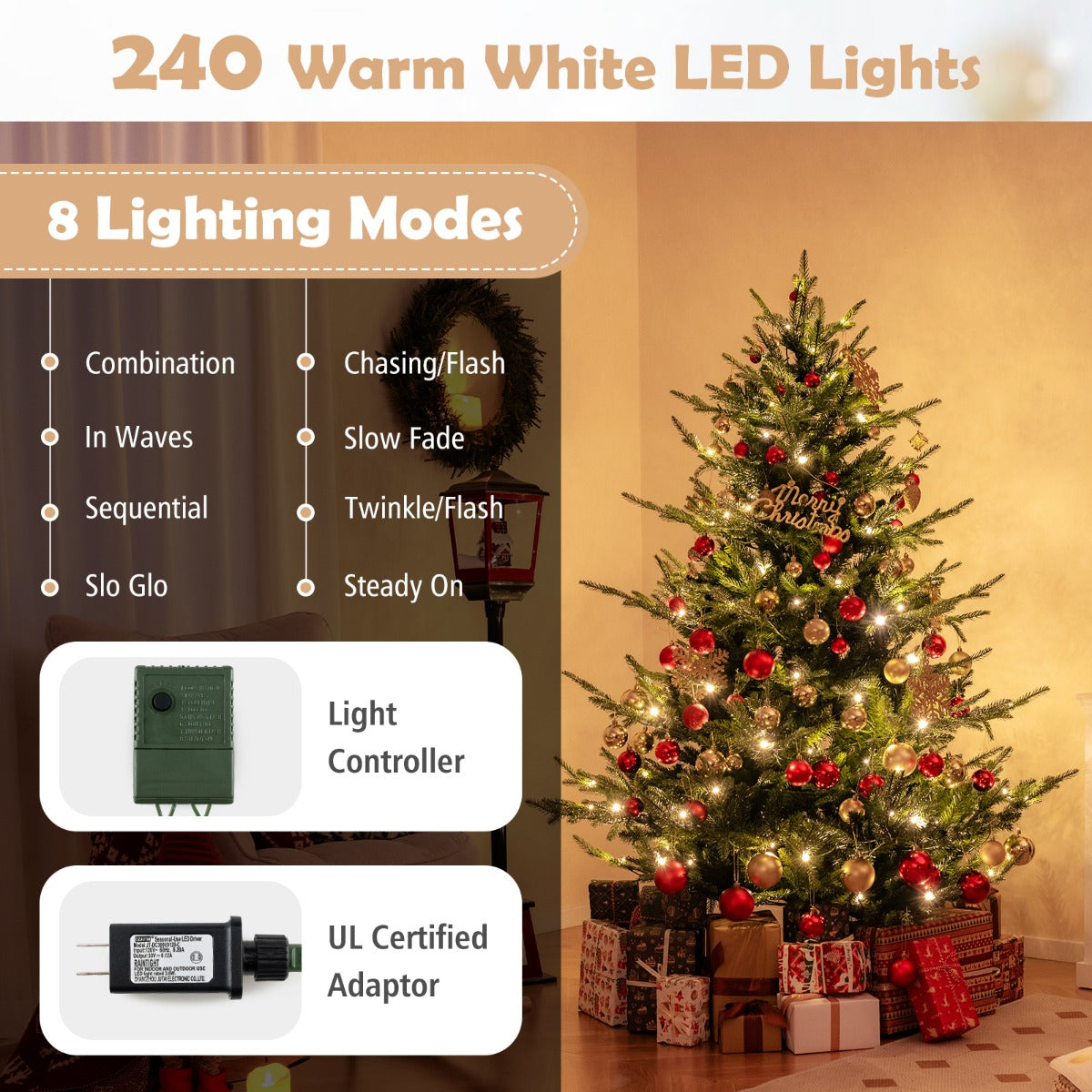 Livsk costway 180 cm kunstkerstboom scharnierende nepkerstboom 778 takken 240 warm witte leds voorverlichte decoratieboom groen 4