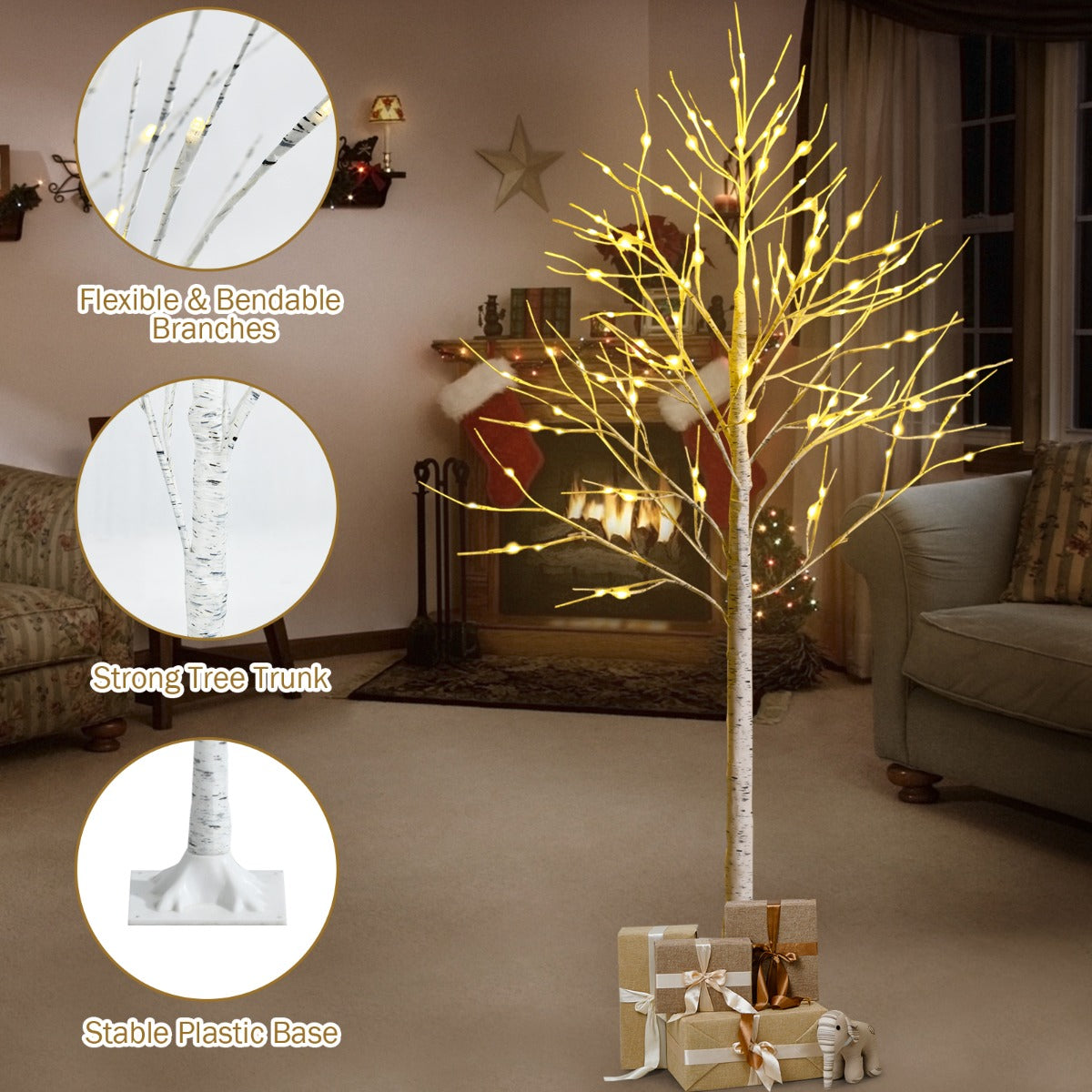 LIVSK Kunstmatige Berkenboom - 96 Warmwitte LED's - Flexibele Takken - Duurzaam PVC - 180 cm - Wit