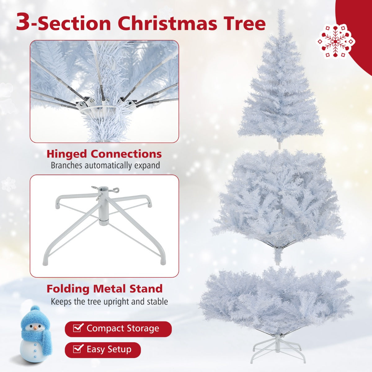 LIVSK Kunstmatige Kerstboom 180 cm - 280 LED-lampjes - 11 Lichtstanden - 1000 Takpunten - Brandveilig en Hypoallergeen - Wit