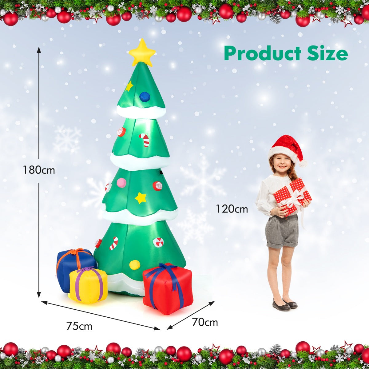 LIVSK Opblaasbare Kerstboom - Zelfopblazend - LED Verlichting - 3 Cadeauverpakkingen - Duurzaam en Waterdicht - 75 x 70 x 180 cm