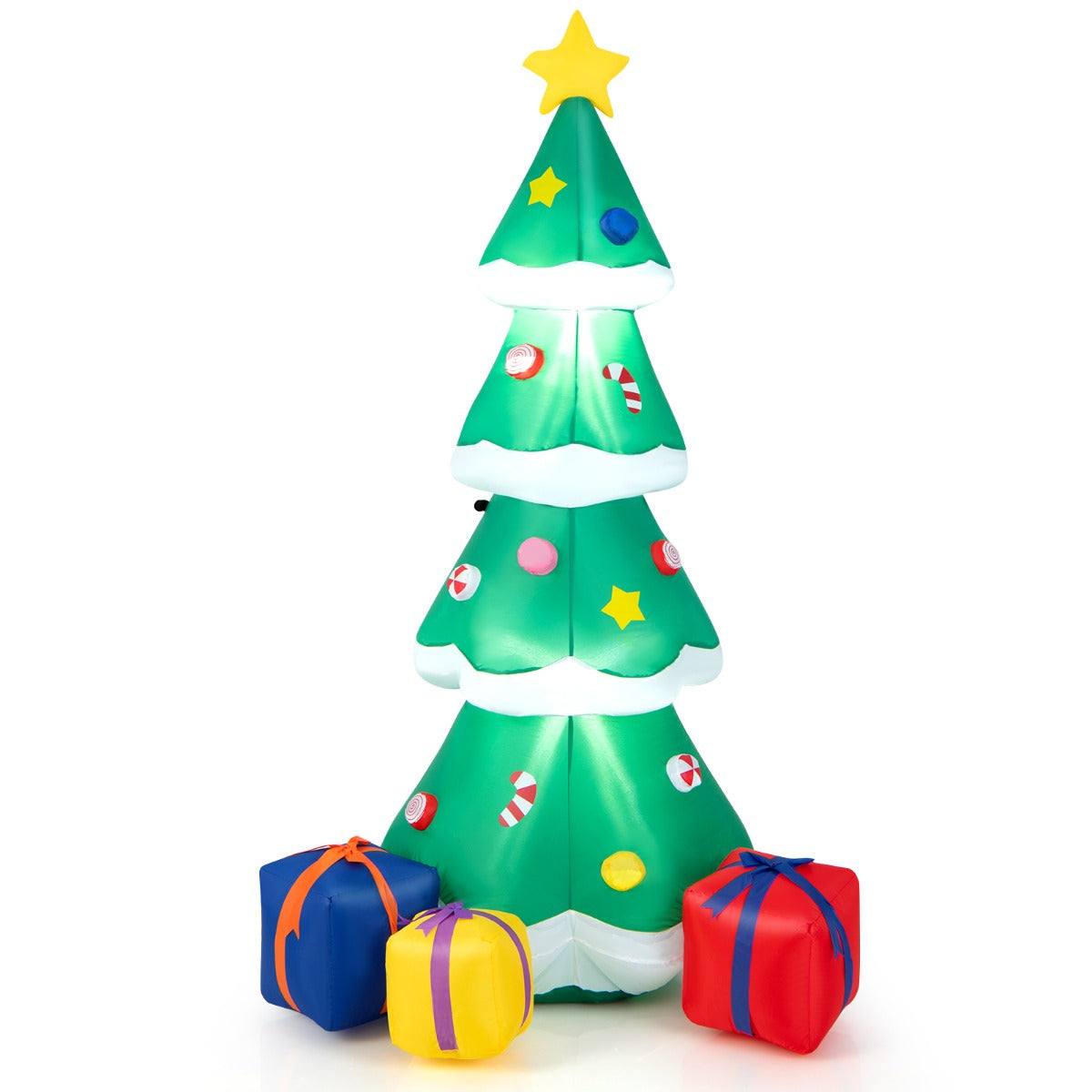 LIVSK Opblaasbare Kerstboom - Zelfopblazend - LED Verlichting - 3 Cadeauverpakkingen - Duurzaam en Waterdicht - 75 x 70 x 180 cm