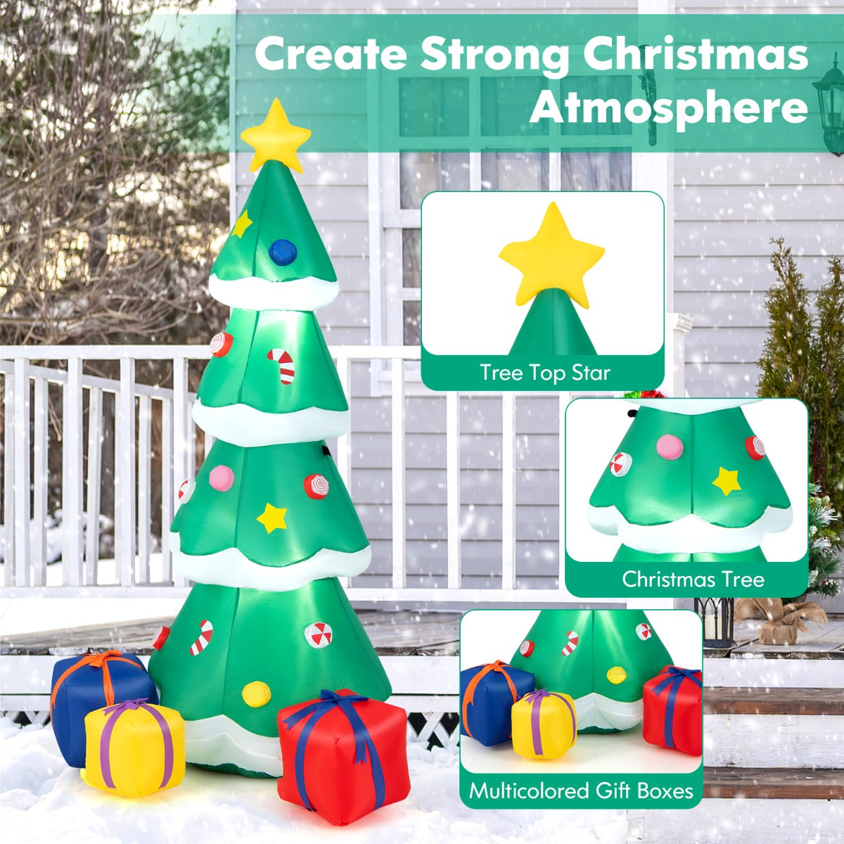 LIVSK Opblaasbare Kerstboom - Zelfopblazend - LED Verlichting - 3 Cadeauverpakkingen - Duurzaam en Waterdicht - 75 x 70 x 180 cm