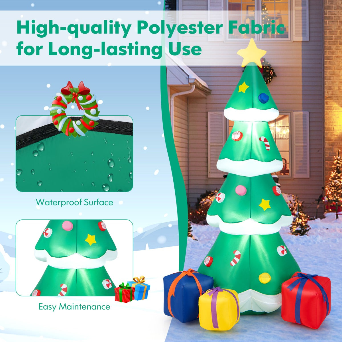LIVSK Opblaasbare Kerstboom - Zelfopblazend - LED Verlichting - 3 Cadeauverpakkingen - Duurzaam en Waterdicht - 75 x 70 x 180 cm
