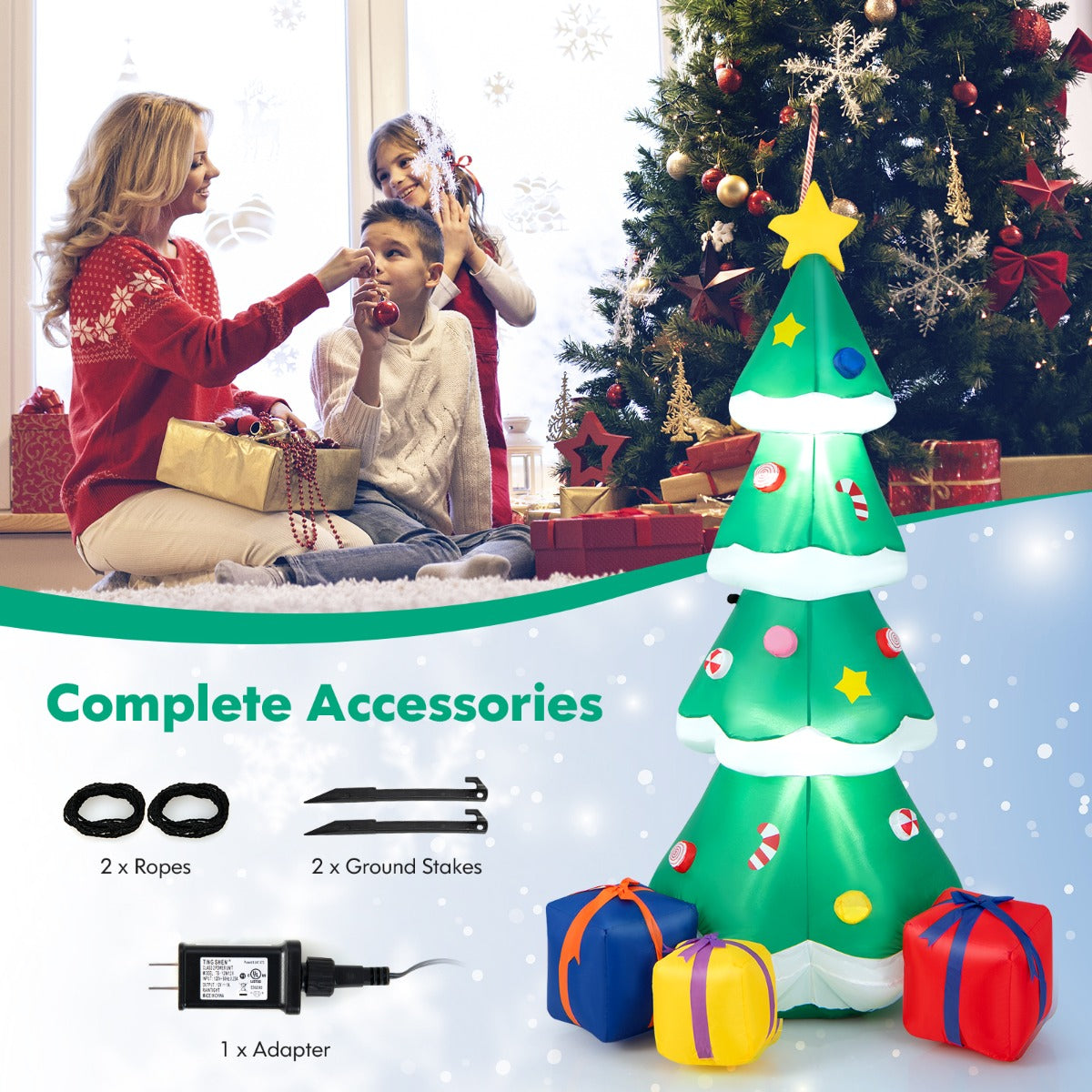 LIVSK Opblaasbare Kerstboom - Zelfopblazend - LED Verlichting - 3 Cadeauverpakkingen - Duurzaam en Waterdicht - 75 x 70 x 180 cm